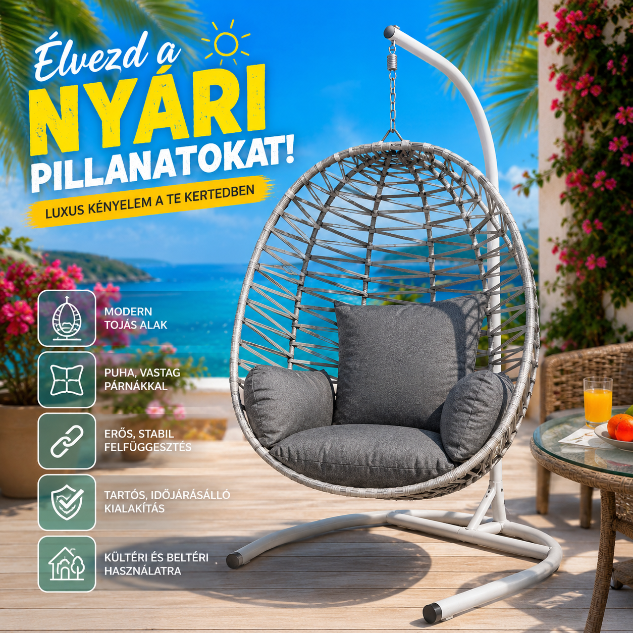 Luna Kerti Függőfotel Állvánnyal Szürke