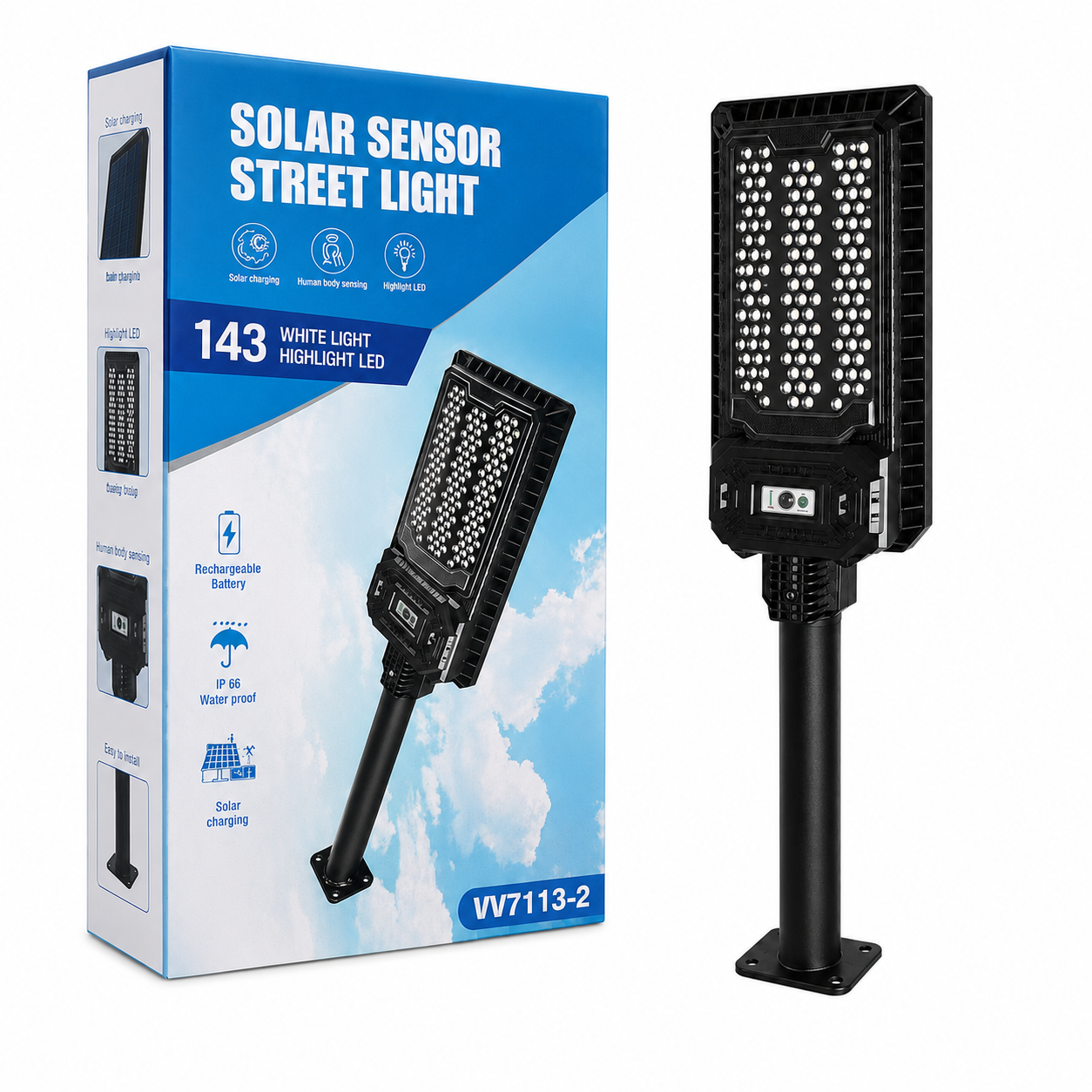 VV7113-2 napelemes mozgásérzékelős utcai lámpa, 143 LED, IP66