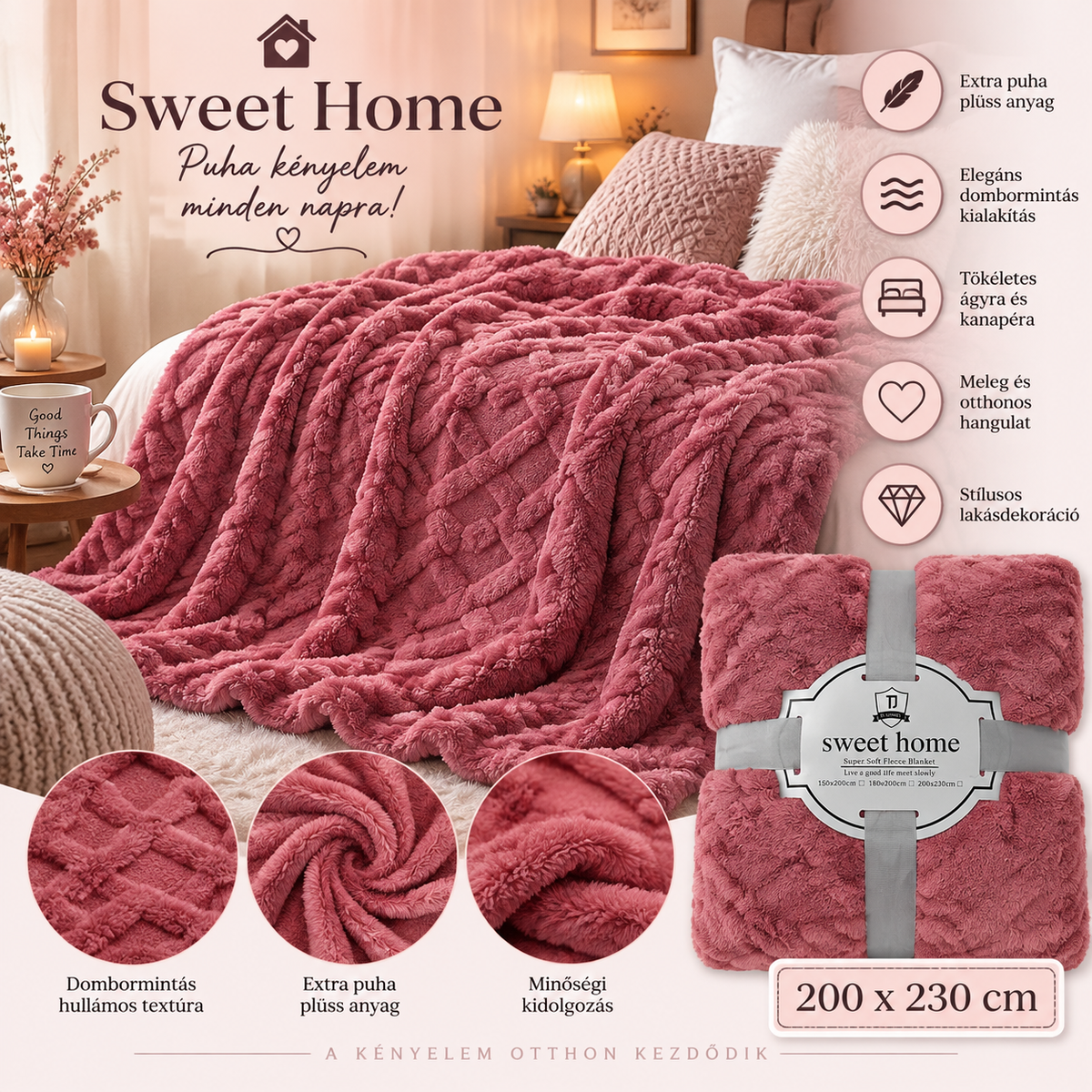 Sweet Home rózsaszín plüss takaró 200×230 cm – Puha dombormintás takaró