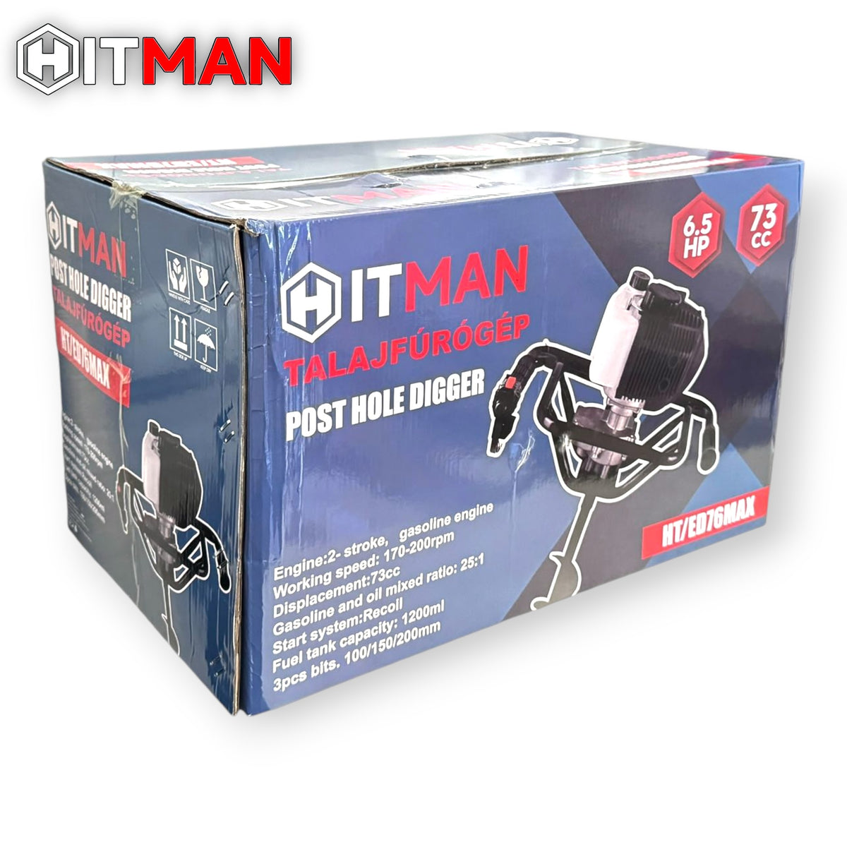 Hitman HT-ED76MAX Benzinmotoros Talajfúrógép 6,5HP – 73cc – 3 fúrószár, 80 cm hossz