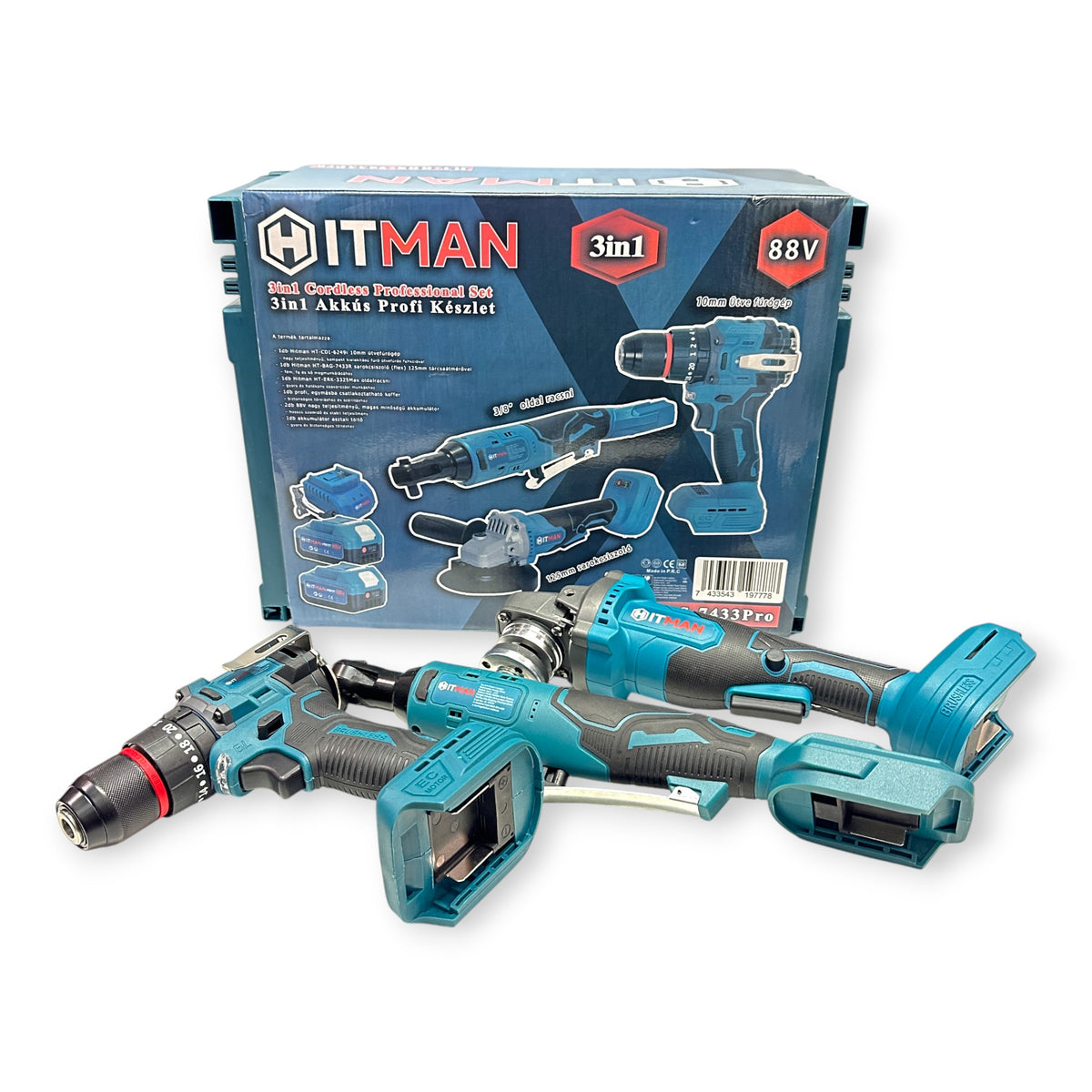 Hitman HT-BBS-7433Pro Professzionális 3 Gépes Akkumulátoros Szerszámkészlet – Sarokcsiszoló, Fúrógép, Oldalracsnis, Koffer
