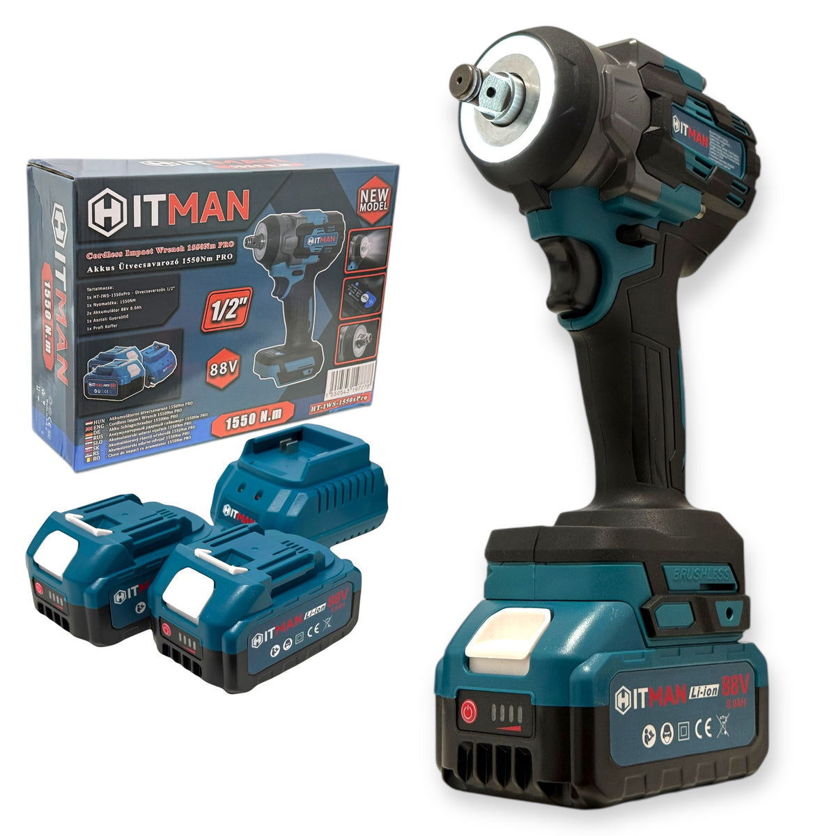 Hitman HT-IWS-1550X.Pro Ütvecsavarozó Kerékkulcs 1550 Nm 88V 2x Akkumulátor
