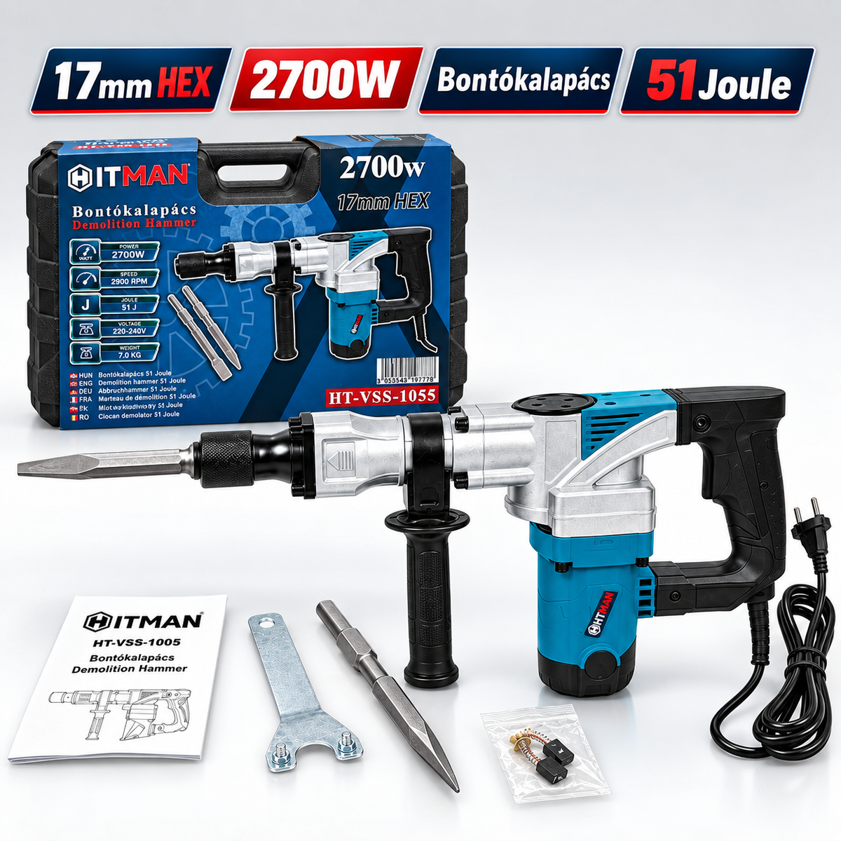 HITMAN HT-VSS-1055 elektromos bontókalapács 2700 W – 51 J, 17 mm HEX
