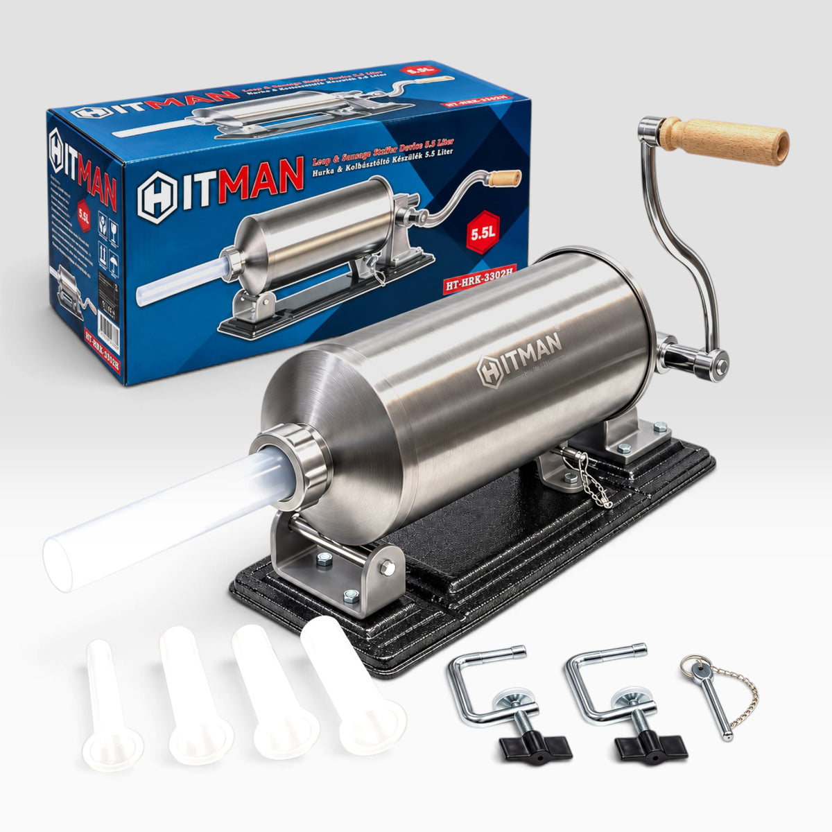 Hitman HT-HRK-3302H profi fekvő hurka- és kolbásztöltő 5,5L 4 tölcsér fémtalp