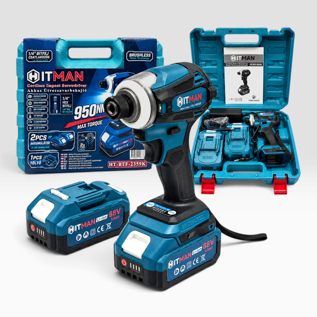 Hitman HT-BTF-2359K 88V akkus ütvecsavarbehajtó, 950 Nm, 2 akku, 15 db bitfej