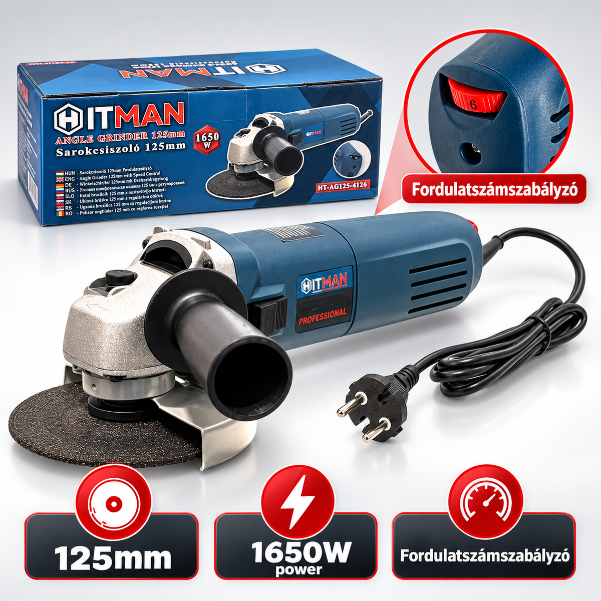 HITMAN HT-AG125-4126 sarokcsiszoló 1650 W – 125 mm, fordulatszám-szabályzós