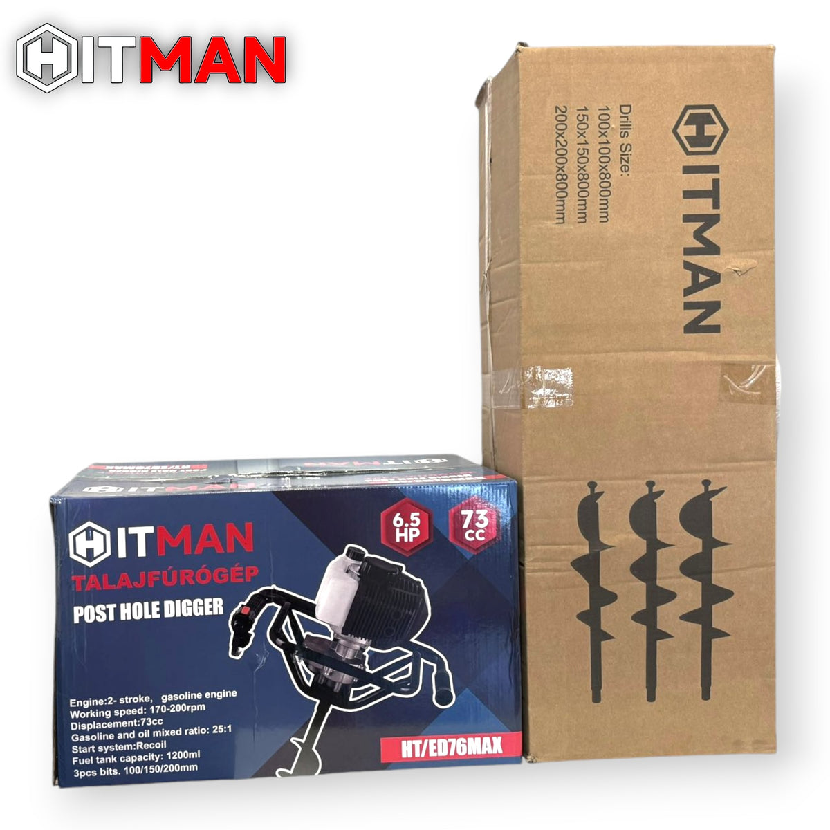 Hitman HT-ED76MAX Benzinmotoros Talajfúrógép 6,5HP – 73cc – 3 fúrószár, 80 cm hossz