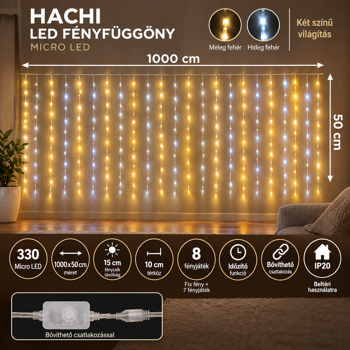 HACHI 330 LED Fényfüggöny 1000×50 cm – 8 Fényjátékkal, Időzítővel és Két Színű Világítással