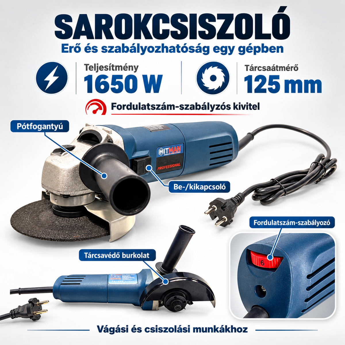 HITMAN HT-AG125-4126 sarokcsiszoló 1650 W – 125 mm, fordulatszám-szabályzós