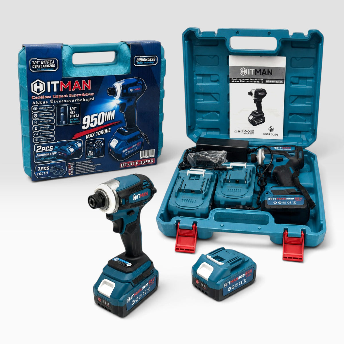 Hitman HT-BTF-2359K 88V akkus ütvecsavarbehajtó, 950 Nm, 2 akku, 15 db bitfej