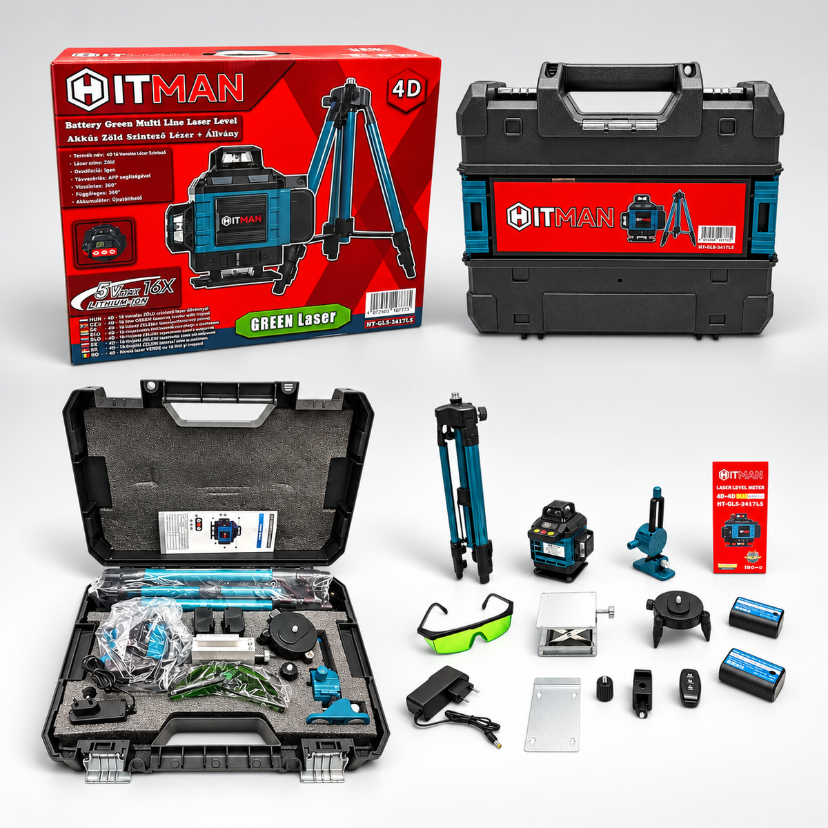 Hitman HT-GLS-2417LS Szintező Lézer 16V Zöld 4D 2 Akkuval Állvánnyal
