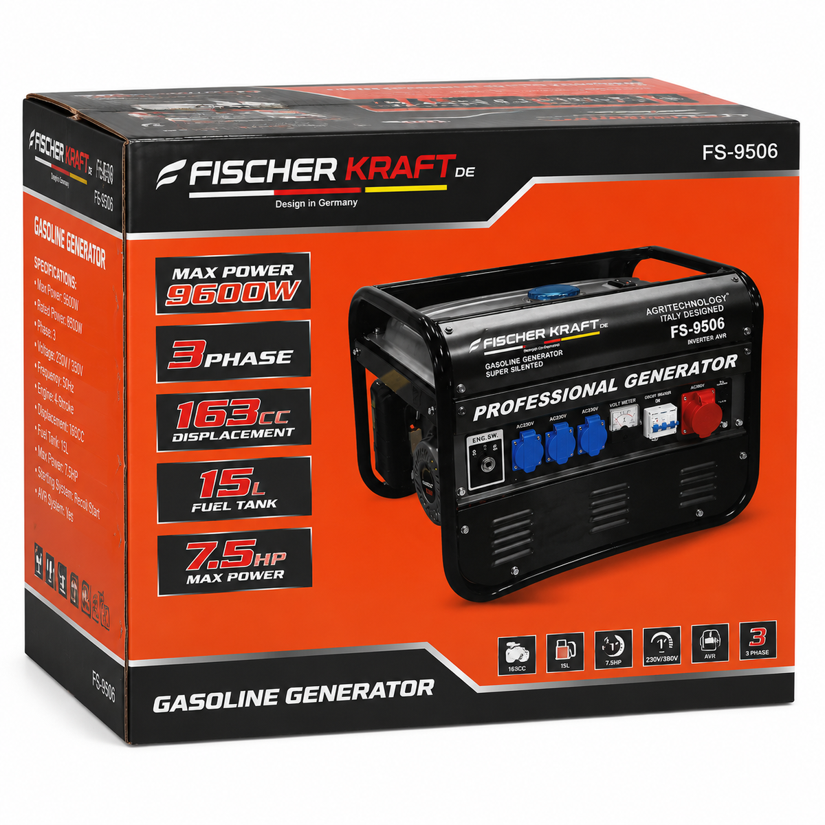 Fischer Kraft FS-9506 Benzines Áramfejlesztő 9600W 3 fázisú Generátor AVR rendszerrel