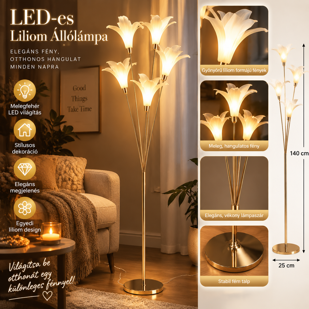 LED-es Liliom Állólámpa Arany Színben – Elegáns Virág Dekorációs Lámpa