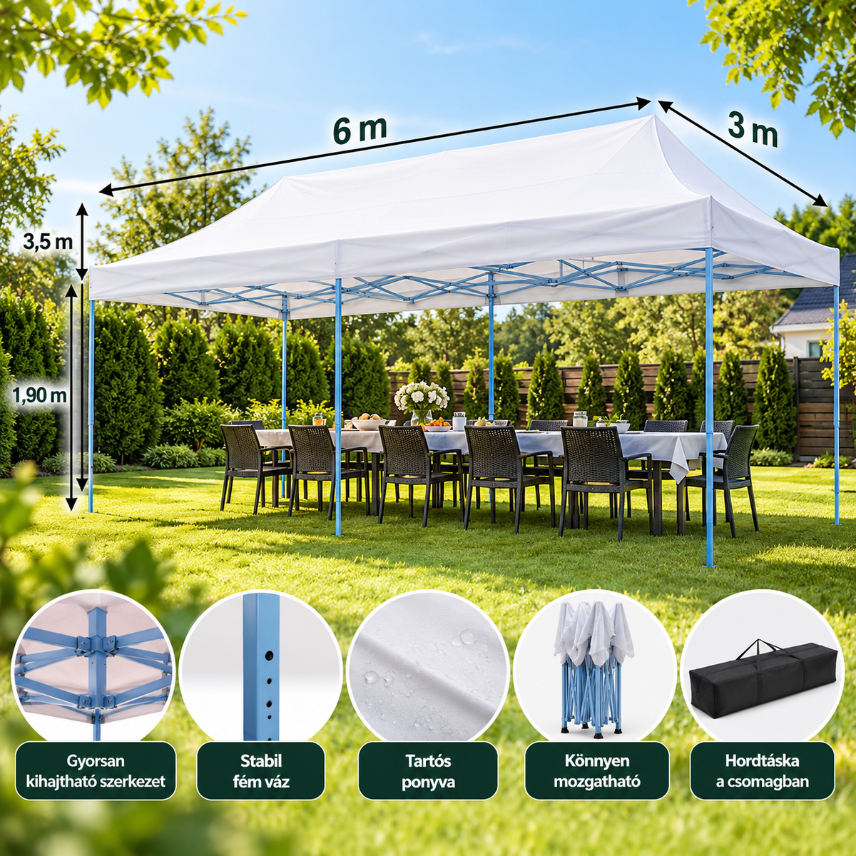 Easy Up Összecsukható kerti pavilon 3x6 m - fehér