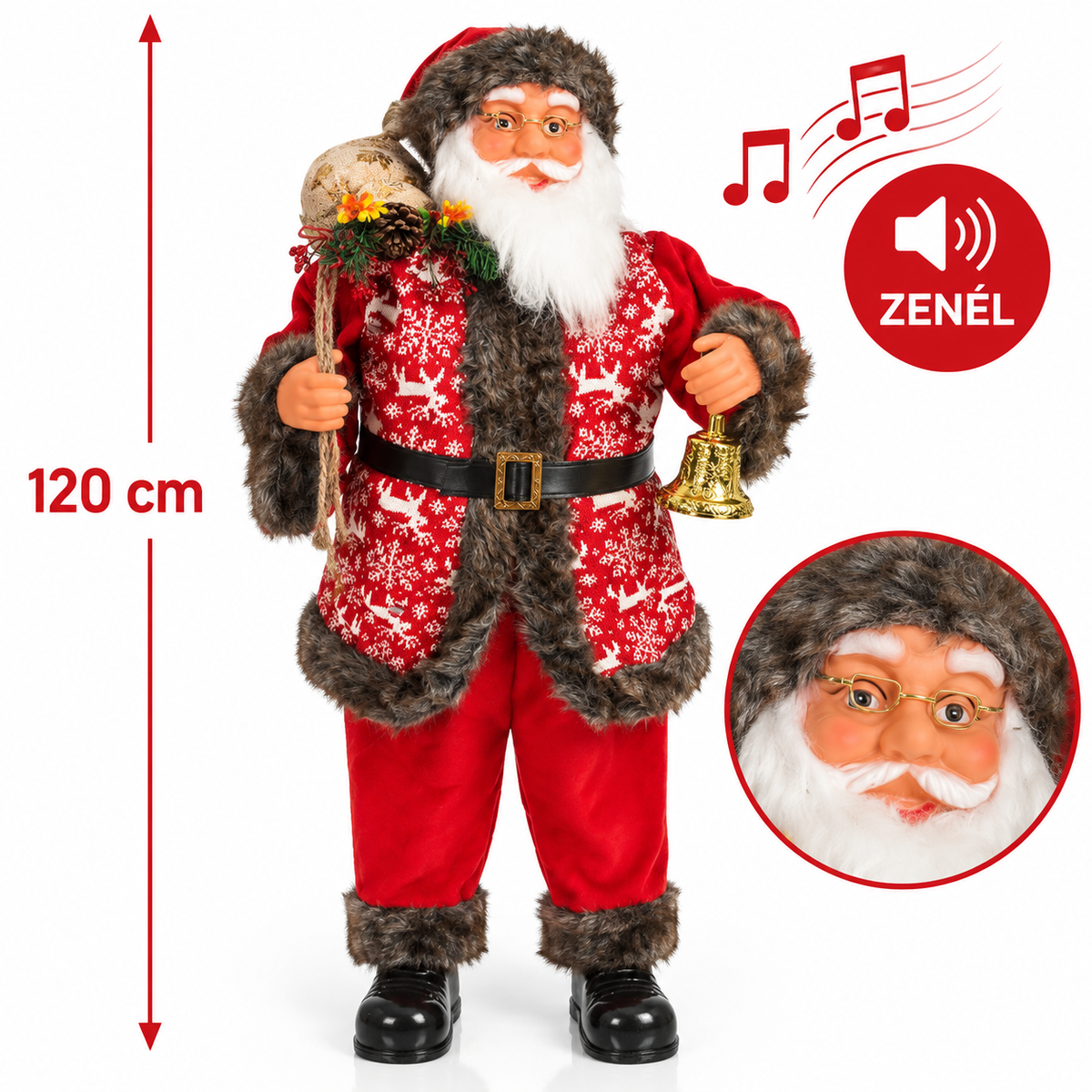 XXL Zenélő Karácsonyi Mikulás figura 120 cm – Ünnepi dekoráció mozgó és zenélő funkcióval