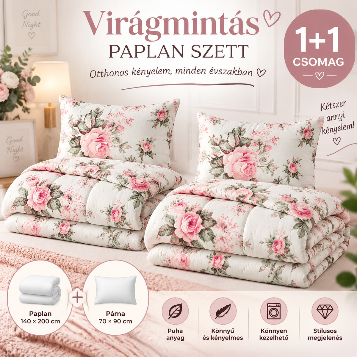 1+1 Virágmintás Paplan Szett – 2 db 140x200 cm paplan + 2 db 70x90 cm párna