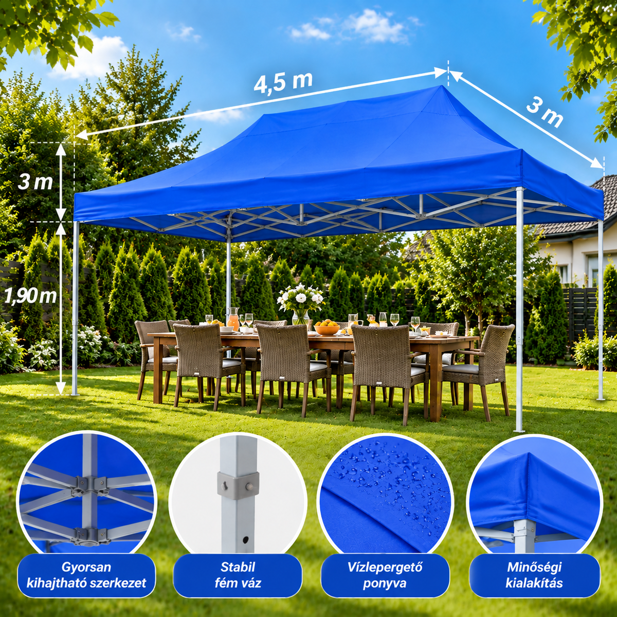 Easy Up Összecsukható kerti pavilon 3x4,5 m - kék
