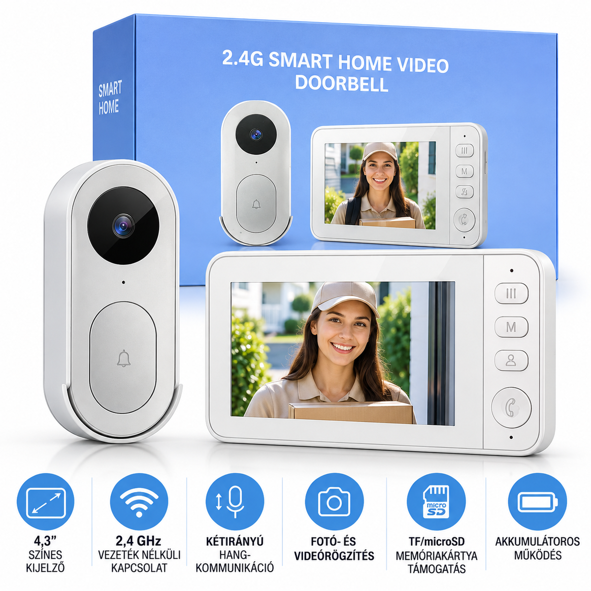 Smart Home 2,4 GHz vezeték nélküli videó kapucsengő 4,3" színes monitorral – kétirányú hang, fotó- és videórögzítés
