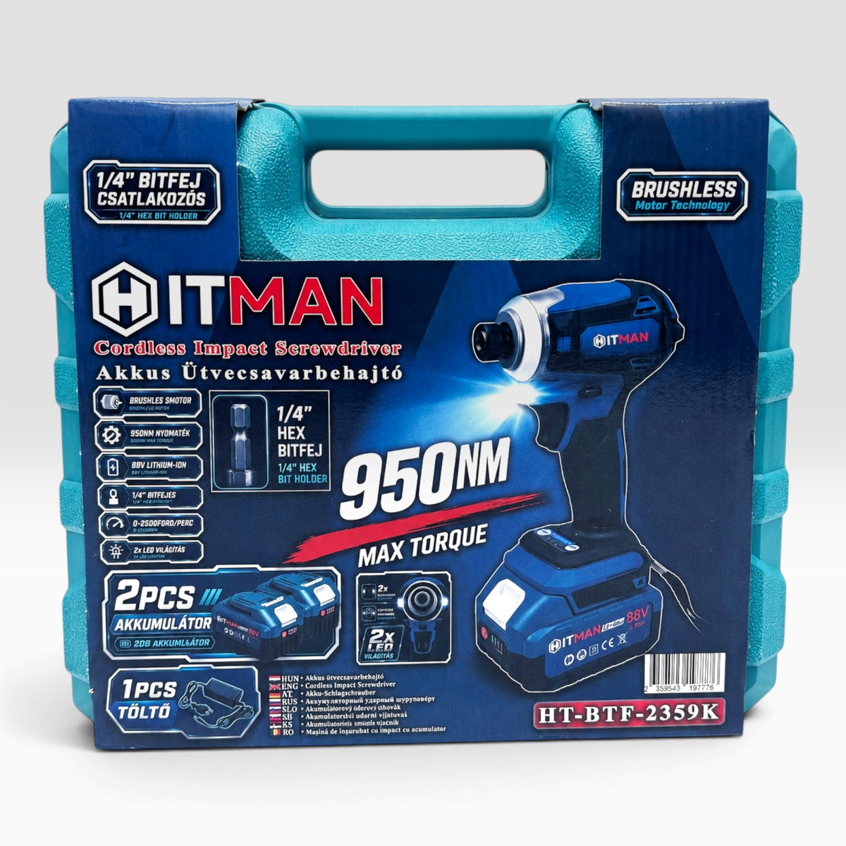 Hitman HT-BTF-2359K 88V akkus ütvecsavarbehajtó, 950 Nm, 2 akku, 15 db bitfej