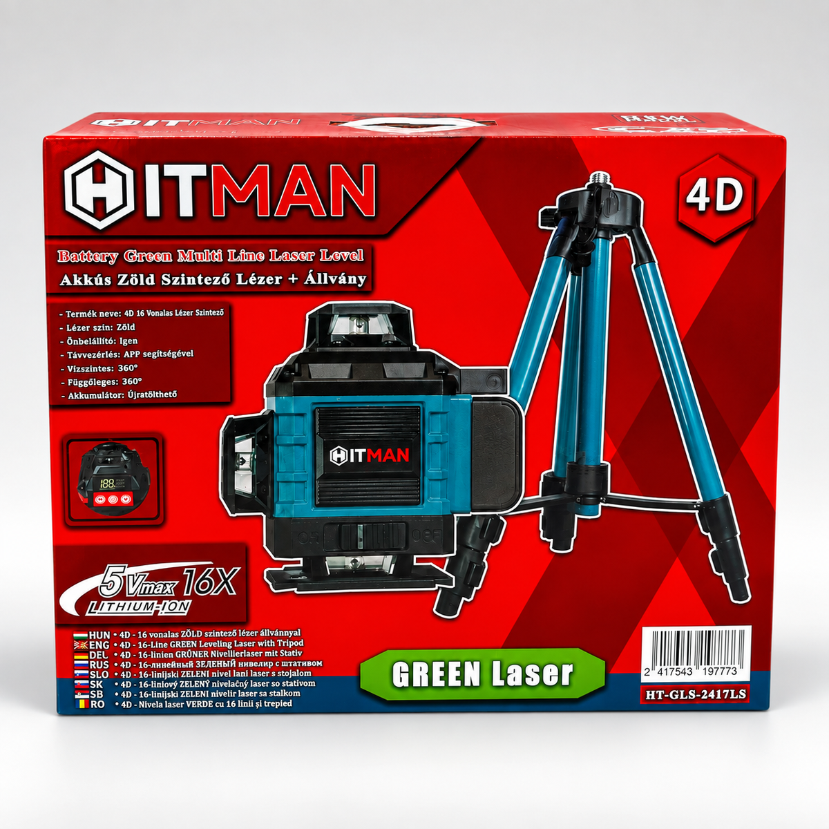 Hitman HT-GLS-2417LS Szintező Lézer 16V Zöld 4D 2 Akkuval Állvánnyal