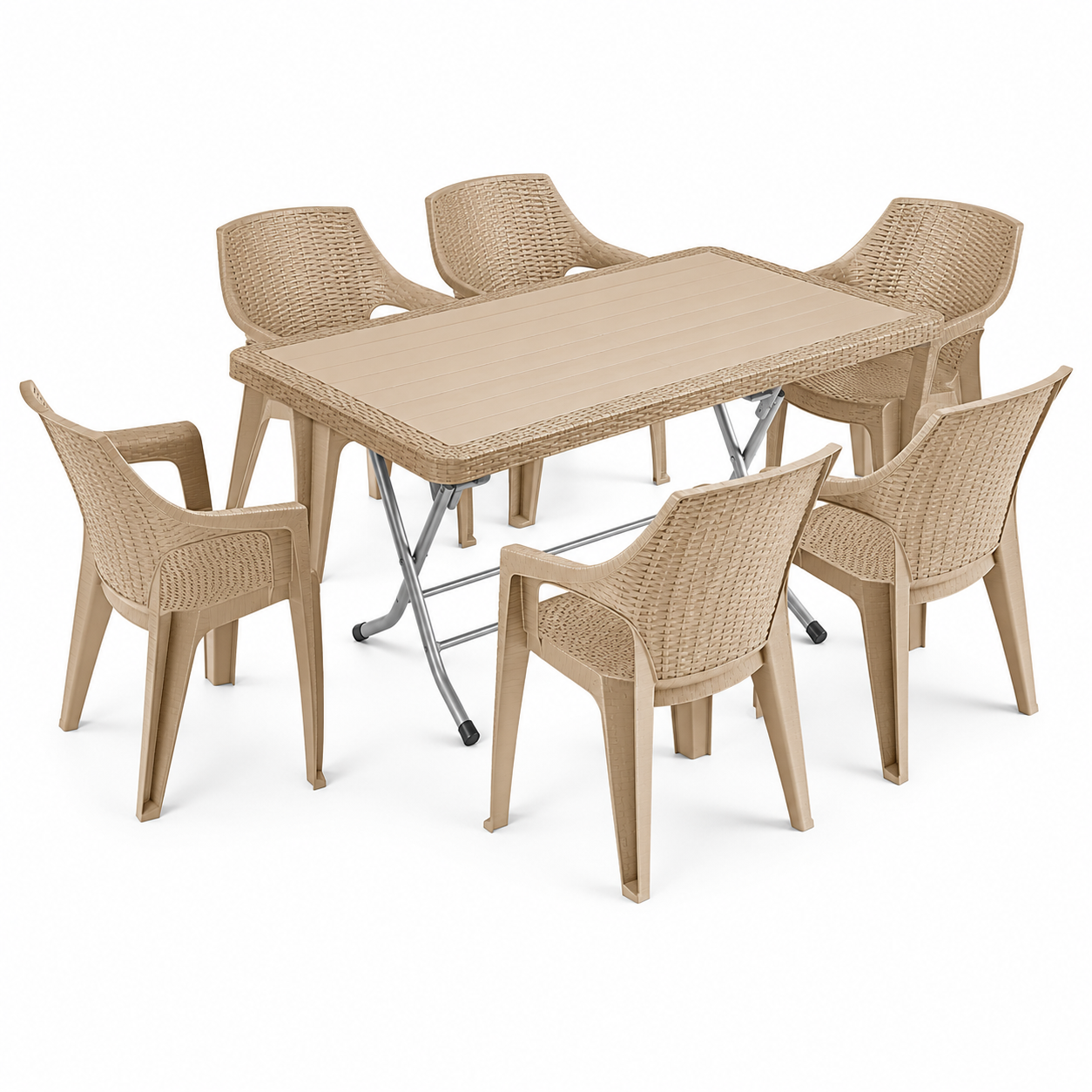 Aurora Beige Deluxe™ 7 Részes Rattan Kerti Étkezőszett – 6 Székkel