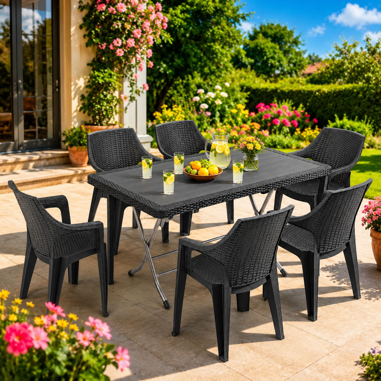 Monaco Graphite Deluxe™ 7 Részes Rattan Kerti Étkezőszett – 6 Székkel