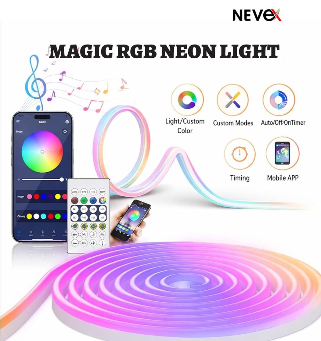 NEVEX 5M RGB Neon LED Szalag – Okos App Vezérlésű Hangulatvilágítás Távirányítóval
