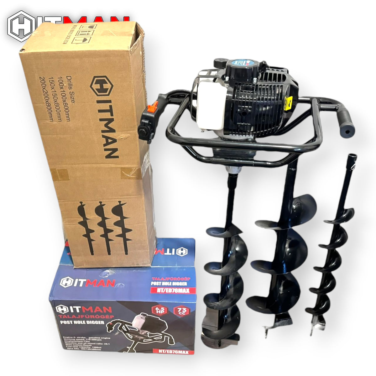 Hitman HT-ED76MAX Benzinmotoros Talajfúrógép 6,5HP – 73cc – 3 fúrószár, 80 cm hossz