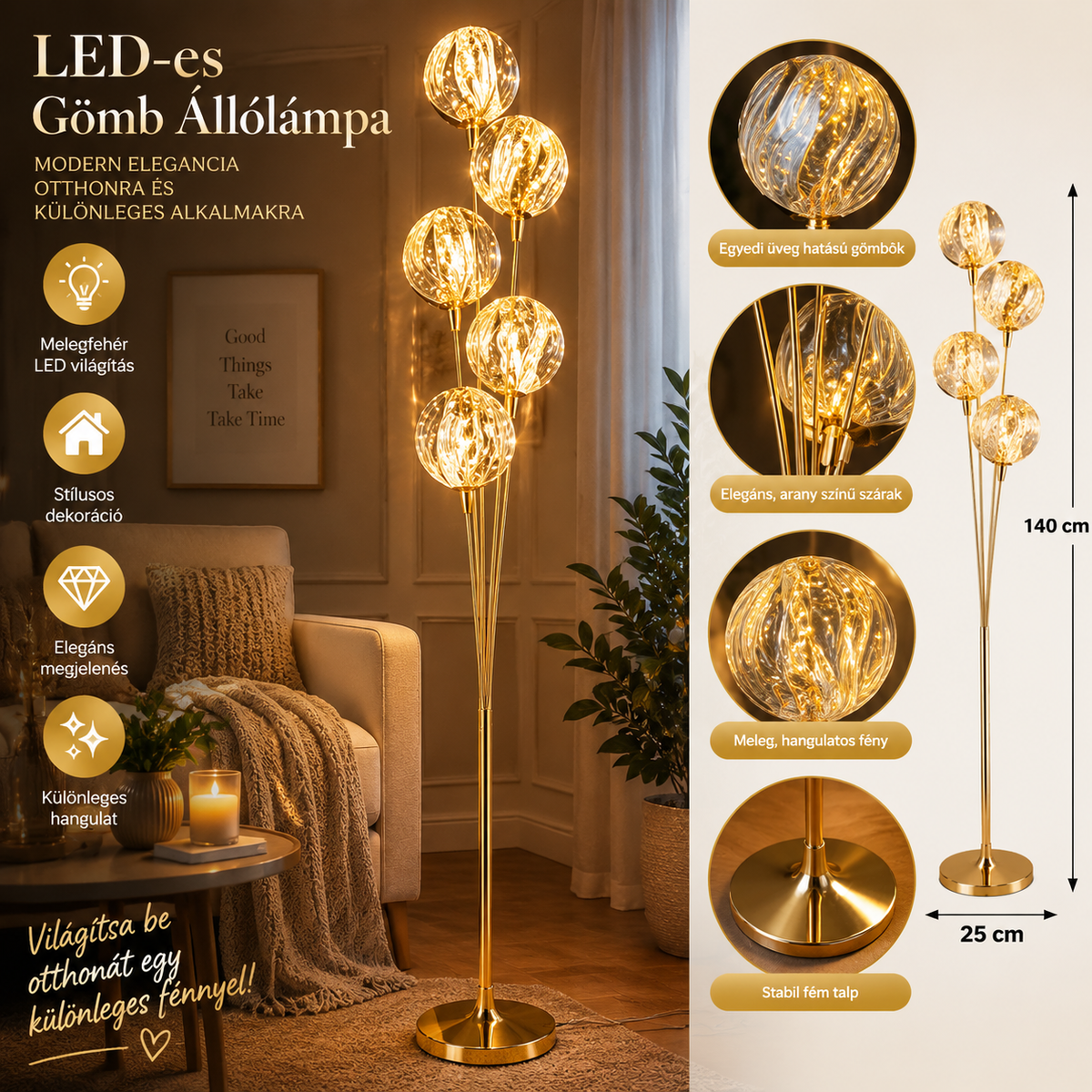 Elegáns LED Gömb Állólámpa – Arany Színű Modern Dekorlámpa 5 Üveggömbbel