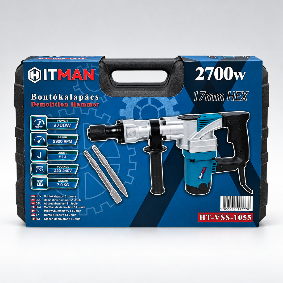 HITMAN HT-VSS-1055 elektromos bontókalapács 2700 W – 51 J, 17 mm HEX