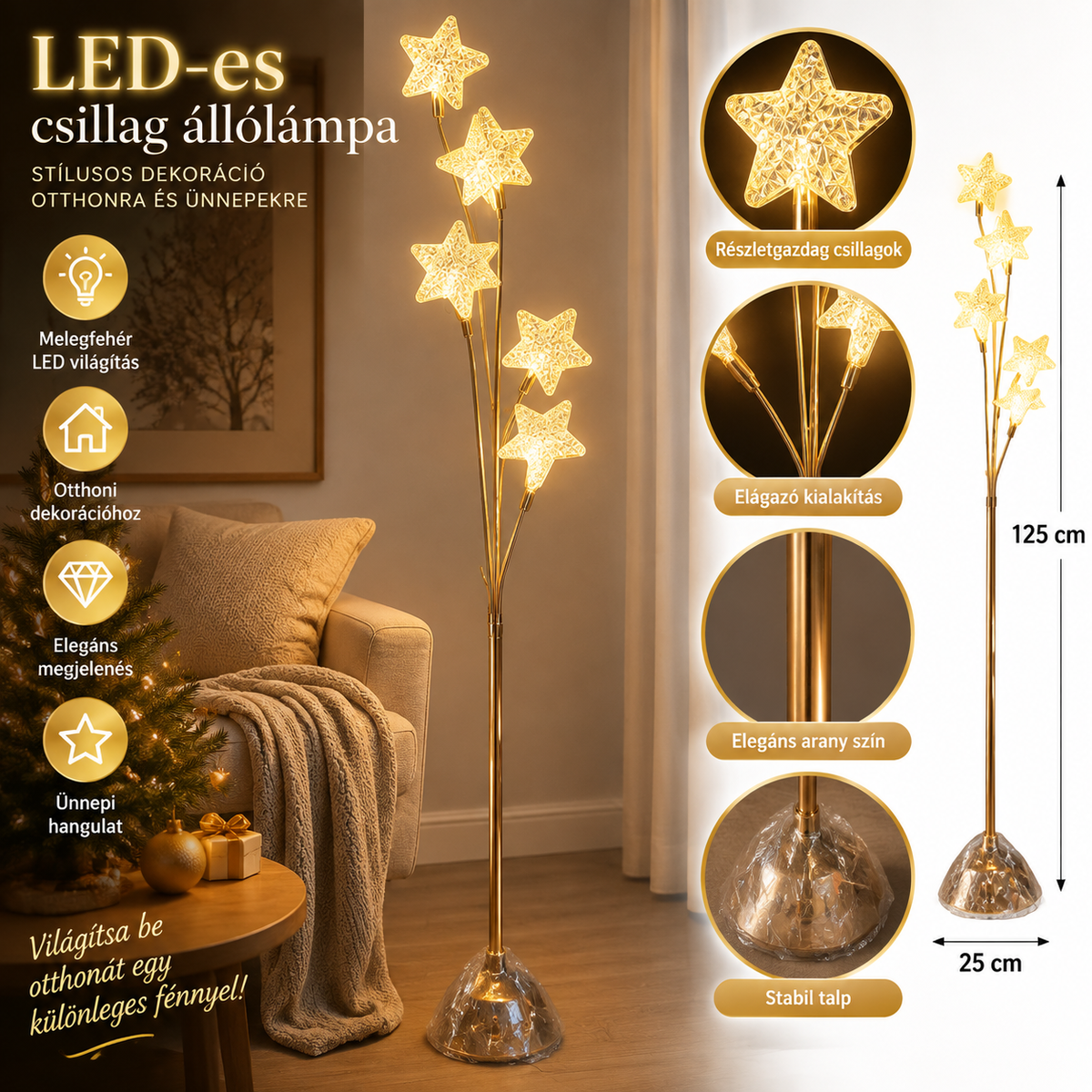 LED-es Csillag Állólámpa – Arany dekoráció melegfényű csillagokkal 125 cm