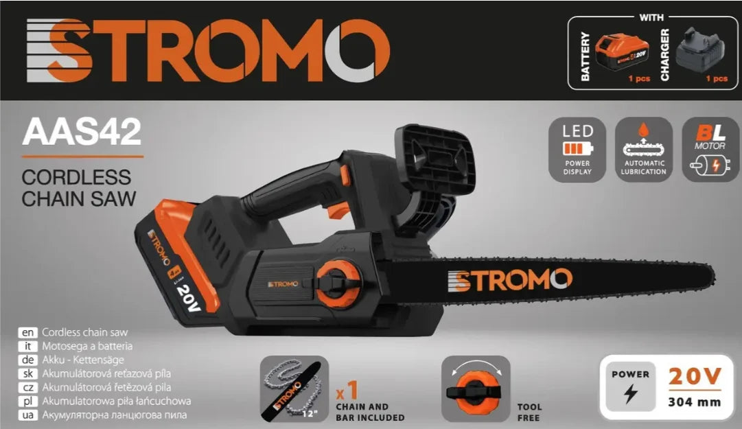 STROMO AAS42 20V akkumulátoros láncfűrész – Brushless motorral, 304 mm-es vezetőlemezzel, akkuval és töltővel
