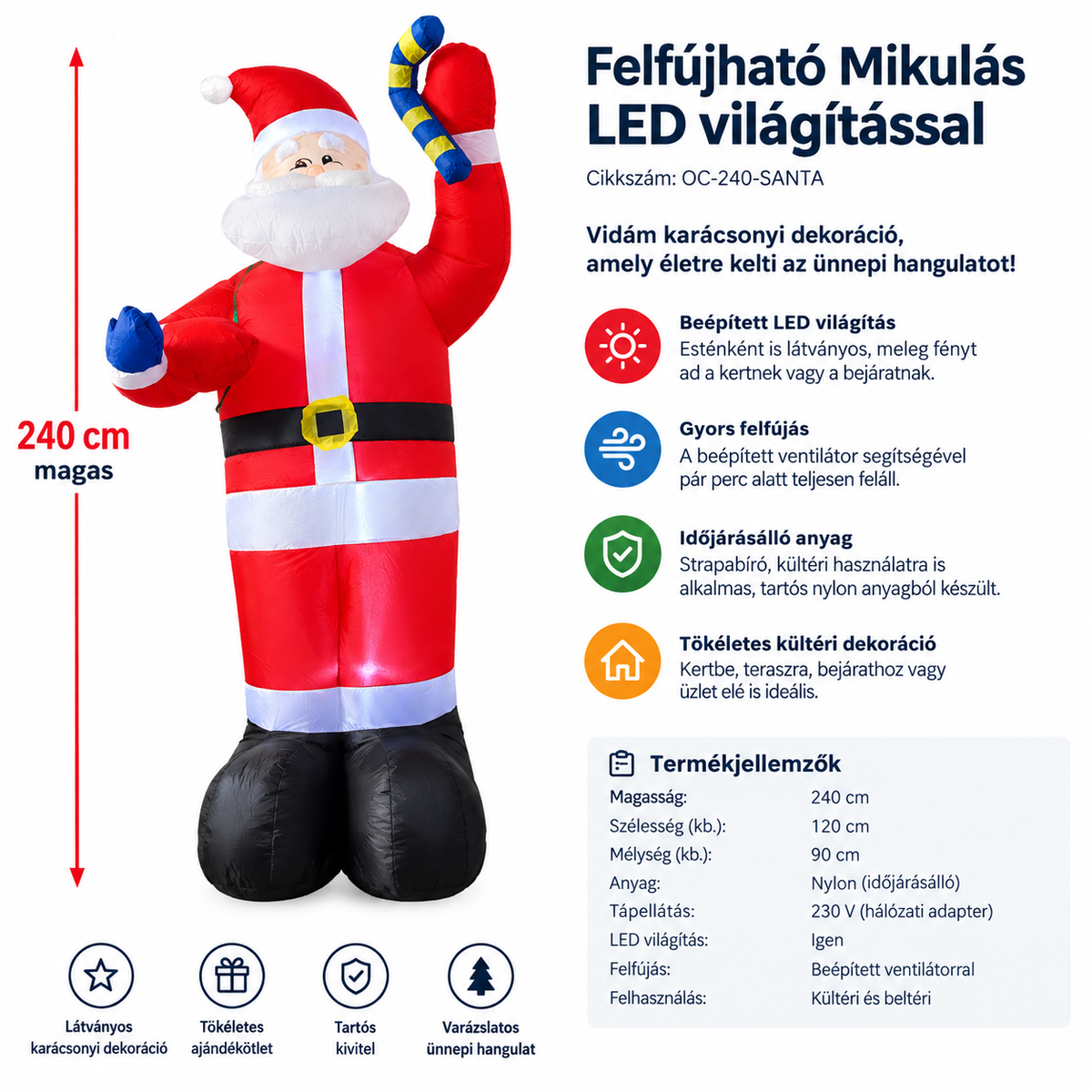 Felfújható Mikulás LED világítással XXL - 240 cm