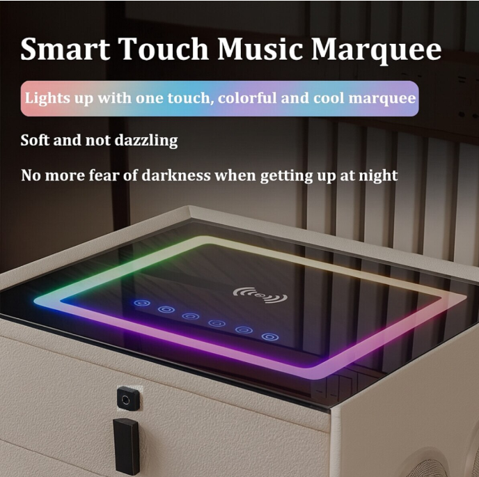 OKOP KP-588 Smart Éjjeli Szekrény Bluetooth Hangszóróval, RGB Világítással és 15W Vezeték Nélküli Töltéssel