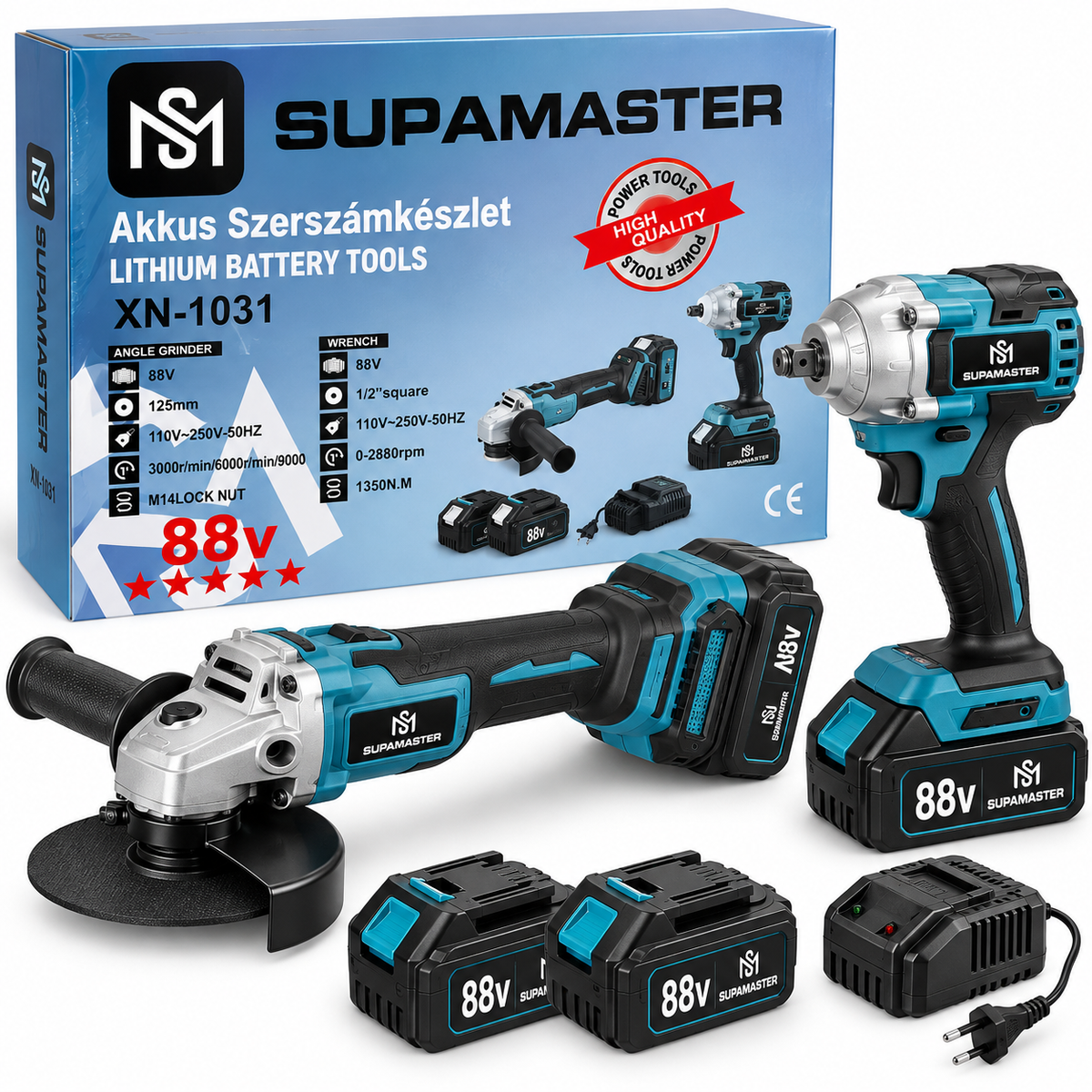SUPAMASTER XN-1031 88V akkumulátoros szerszámkészlet – sarokcsiszoló és ütvecsavarozó, 2 akkumulátorral