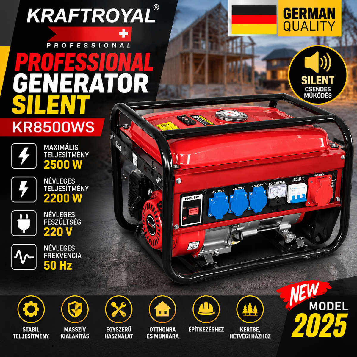 KRAFTROYAL KR8500WS Professional Silent benzines áramfejlesztő – 2200 W / 2500 W