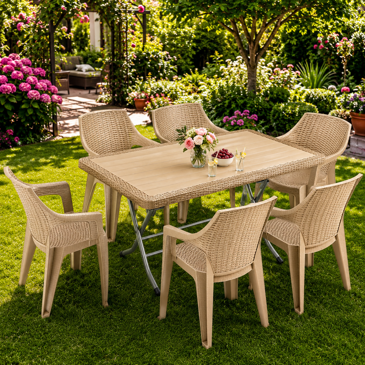 Aurora Beige Deluxe™ 7 Részes Rattan Kerti Étkezőszett – 6 Székkel