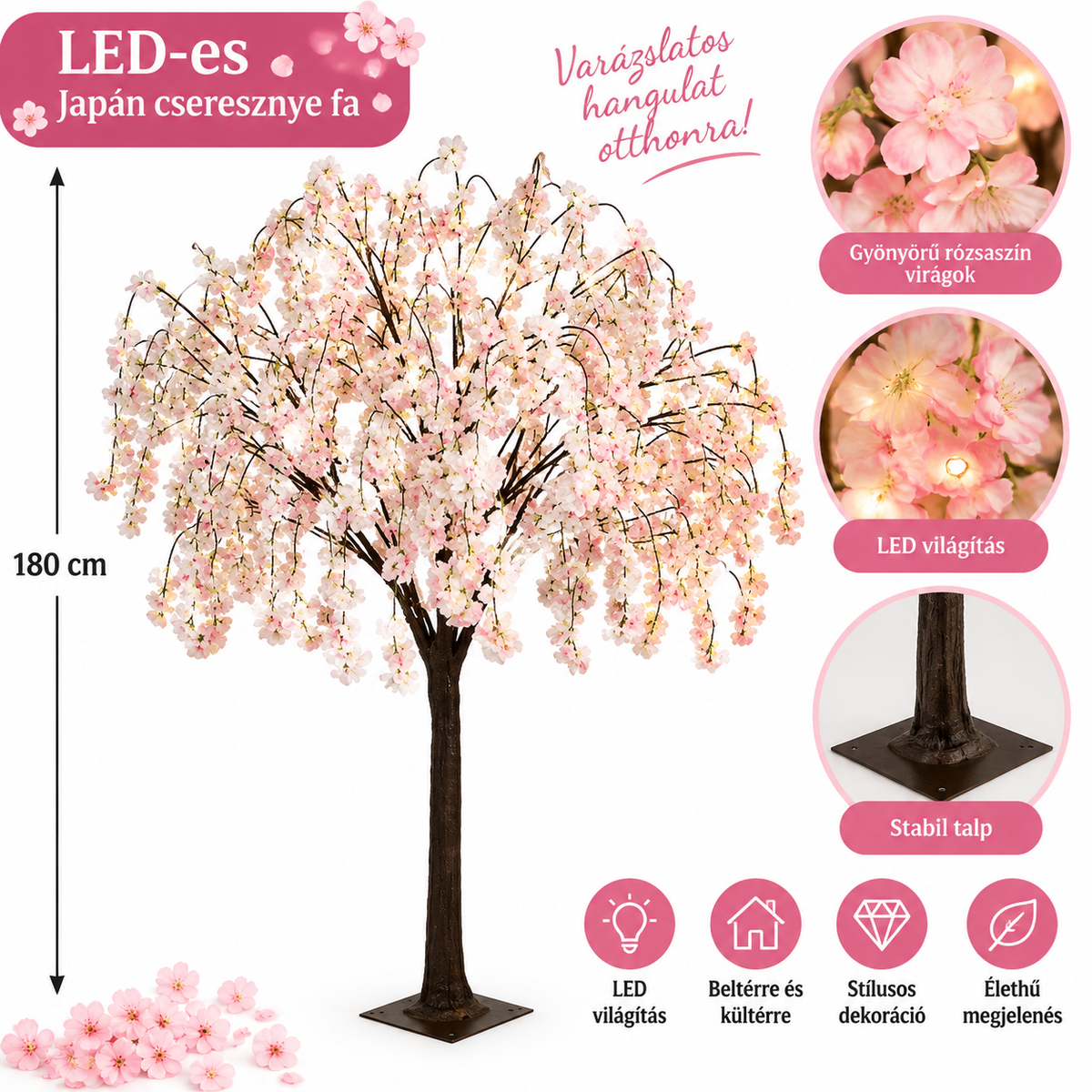 LED-es Japán cseresznyevirág fa – rózsaszín dekoráció 180 cm