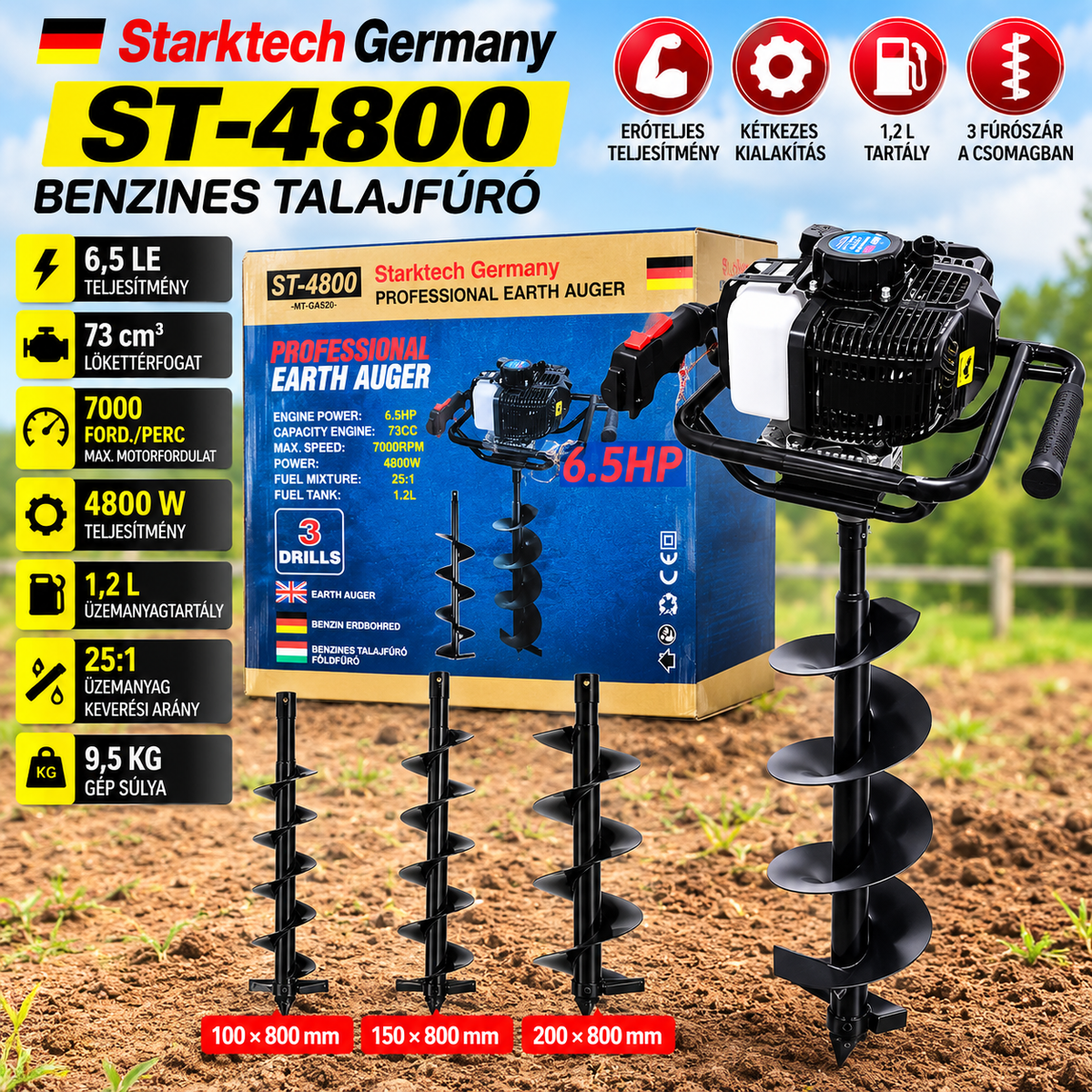 Starktech Germany ST-4800 Benzines Talajfúró 6,5 LE / 73 cm³ – 3 Fúrószárral 4800W