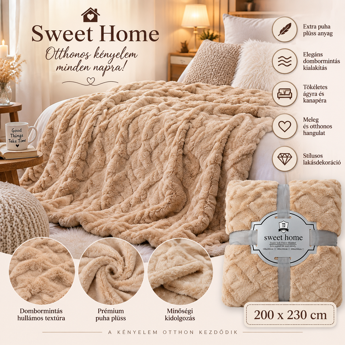 Sweet Home plüss takaró 200×230 cm – Bézs puha dombormintás takaró