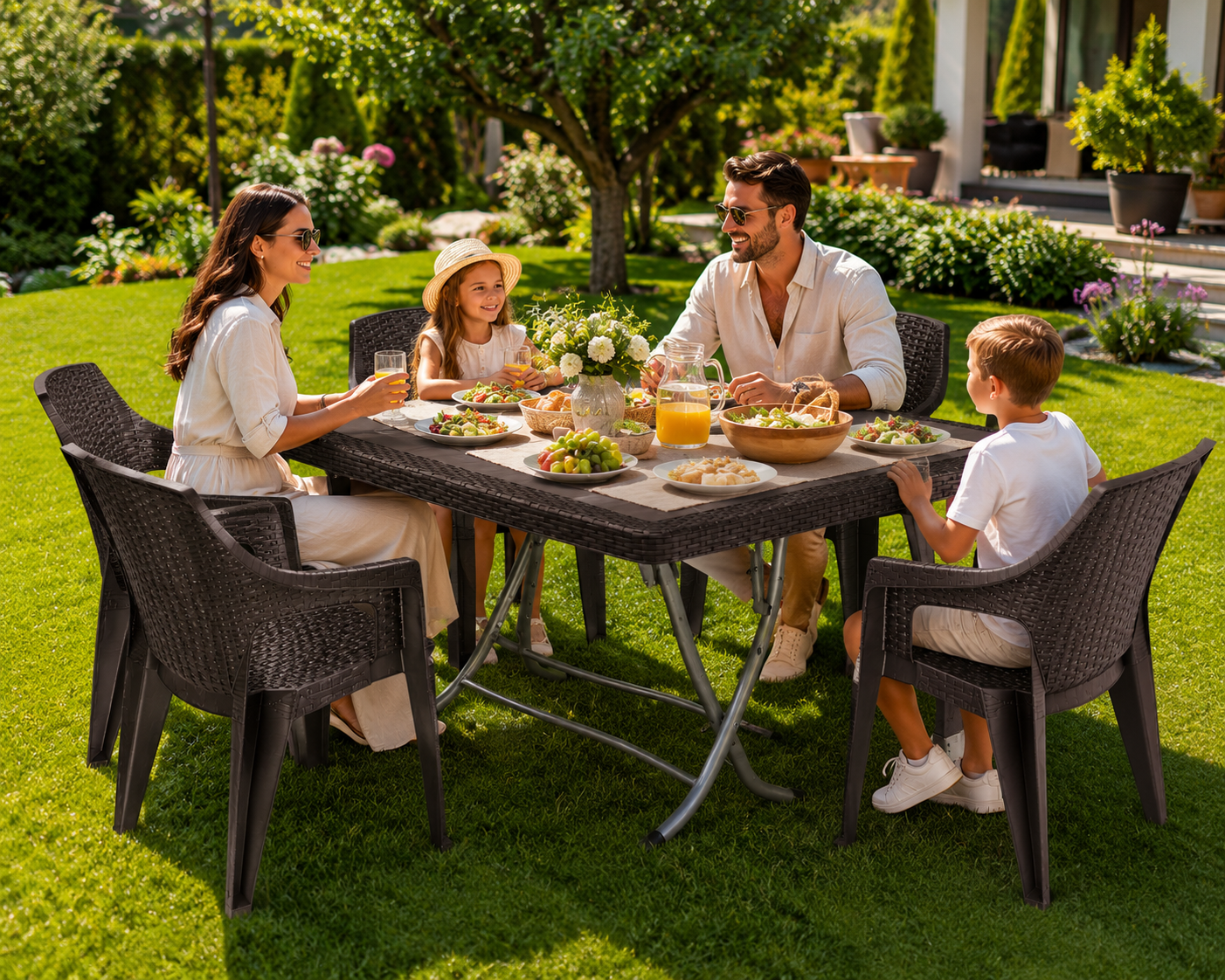 Lotus Royal Garden™ 7 Részes Rattan Kerti Étkezőszett – 6 Karfás Székkel - Barna
