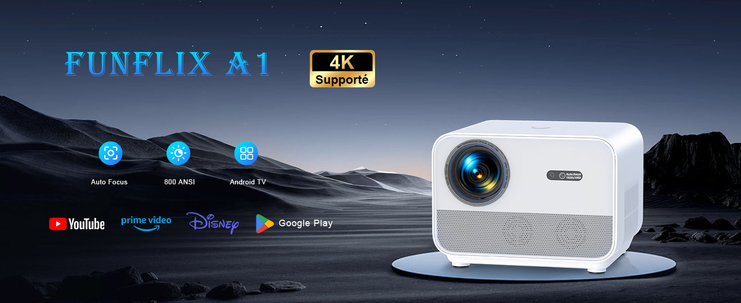 FunFlix Okos Projektor 1080P, 4K Támogatással, Android TV, WiFi 6 és Bluetooth 5.2 A1
