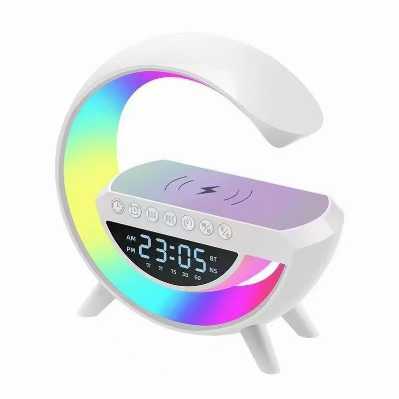 Mini Multimédiás bluetooth hangszoró, vezeték nélküli töltőpad, ébreszőóra, RGB LED LÁMPA