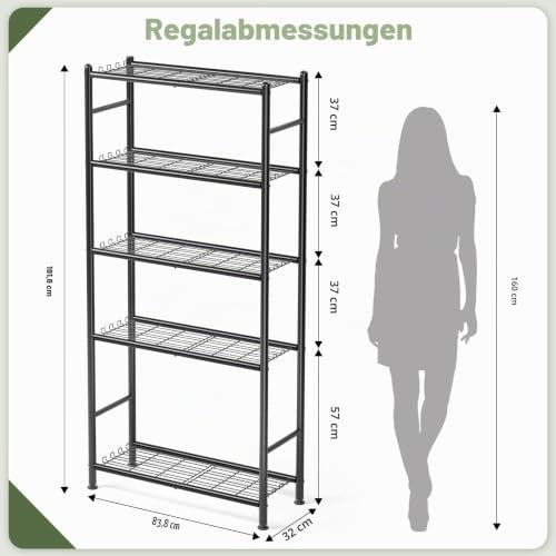 KINGRACK 5 szintes fém tárolópolc oldalsó kampókkal, fekete
