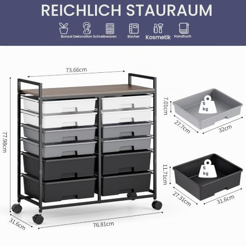 KINGRACK gurulós tárolókocsi 12 fiókkal, szürke