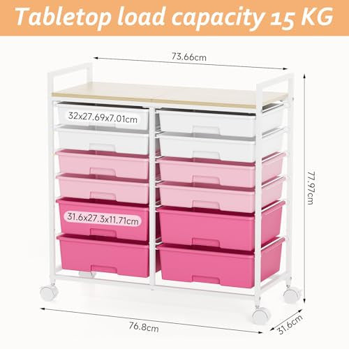 KINGRACK gurulós tárolókocsi 12 fiókkal, rózsaszín