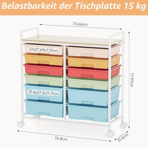 KINGRACK gurulós tárolókocsi 12 fiókkal, színes