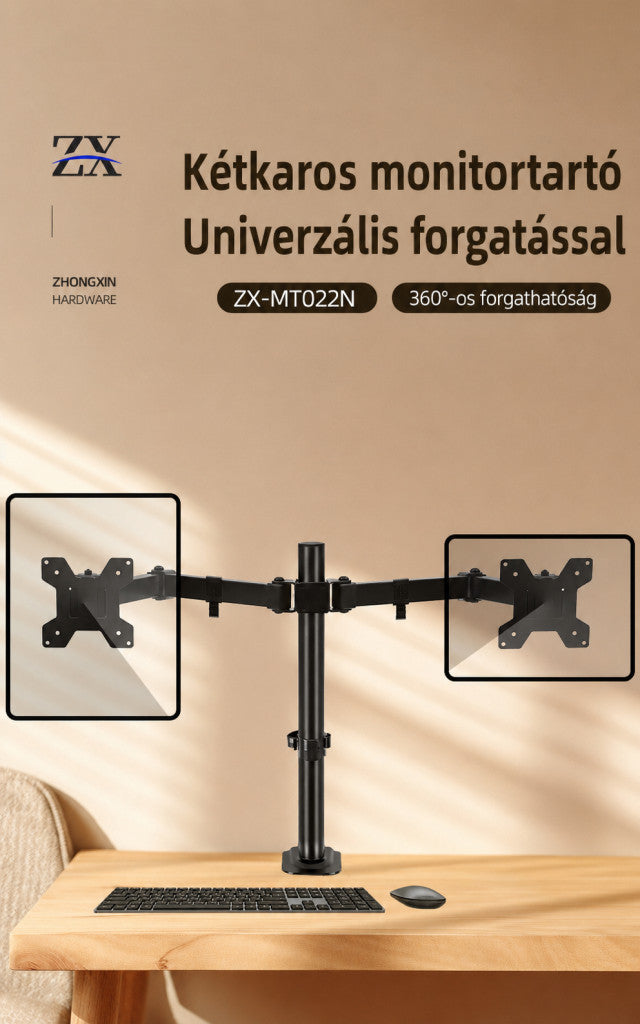 ZX-MT022N dupla monitorállvány – teleszkópos, forgatható asztali tartó