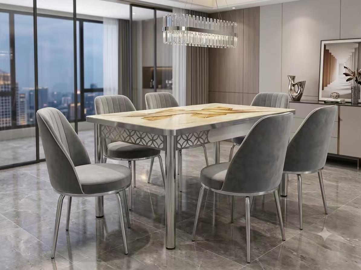 Luna Cristal Silver étkező szett edzett üveglapos nyitható asztallal és 6 szürke székkel 80x130–170 cm