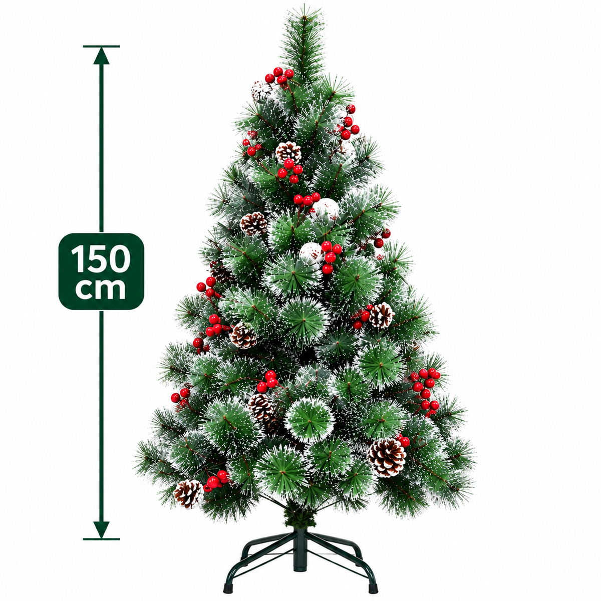 150 cm-es havas műfenyő piros bogyókkal és tobozokkal – fém állvánnyal